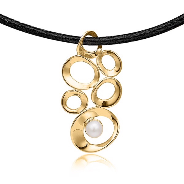 Smukt guldbelagt vedhæng med perle og læderkæde fra Blicher Fuglsang, 42 cm kæde